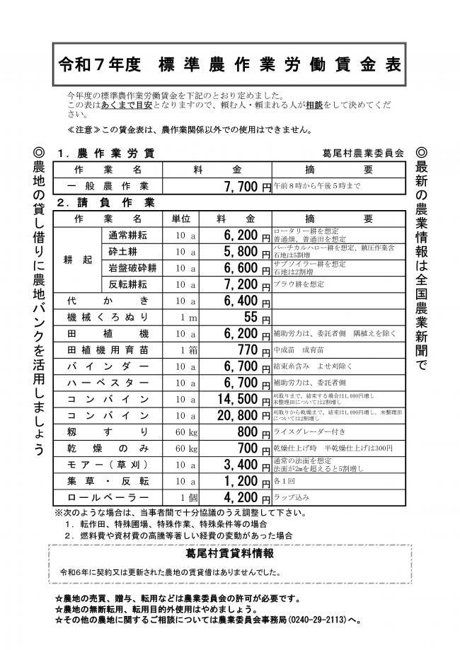 令和7年度　葛尾村標準農作業賃金表