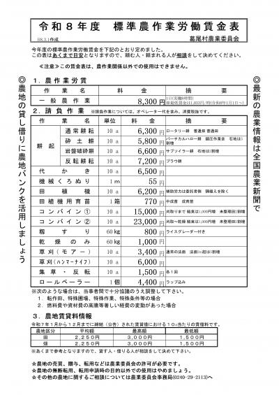 令和8年度　葛尾村標準農作業賃金表